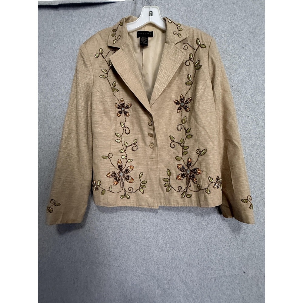 Silk Land Blazer Womens 14 Beige Beaded Floral Embroidered‎ Lined Jacket